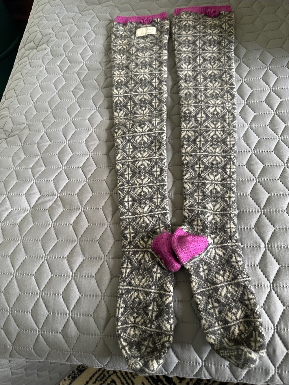 Odd Molly Gray Fair Isle Knee-High Socks with Pink Accents